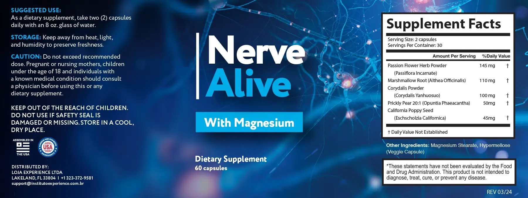 Nerve Alive supplement facts label detailing 100% natural ingredients, vitamins, and dosage instructions for nerve health
